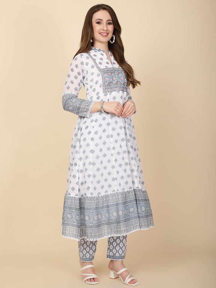 Floral Printed Cotton Kurta With Pants &amp; Dupatta