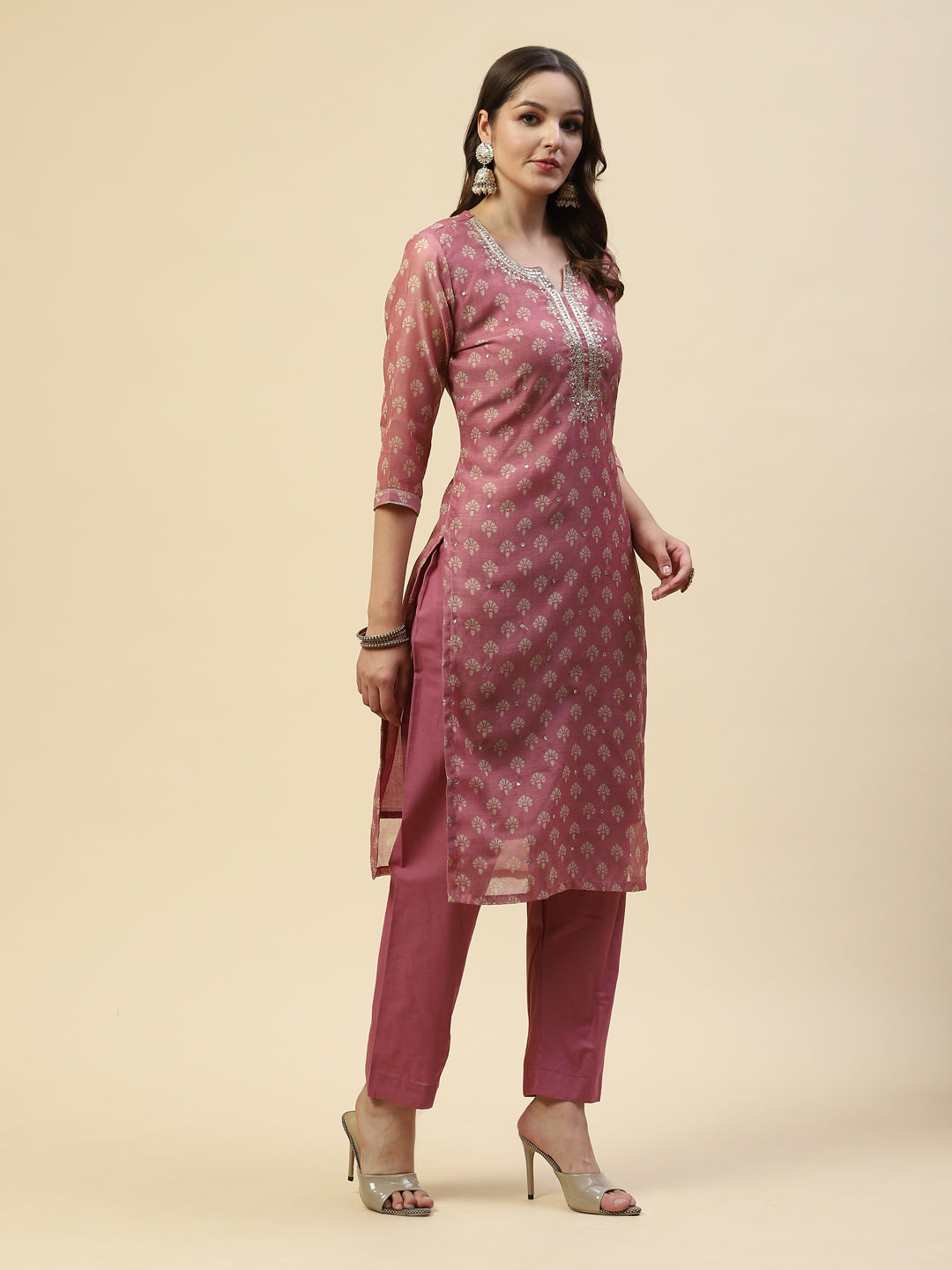 Neck Embroidered Chanderi Kurta With Pants
