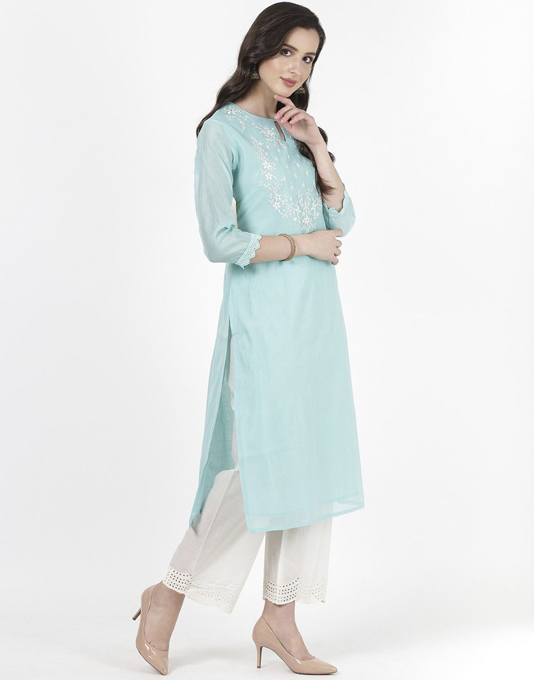 Sea Green Cream Chanderi Kurti with Palazzo