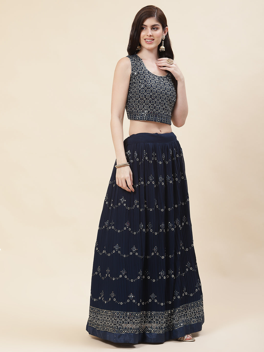 Embroidered Georgette Choli With Lehenga &amp; Dupatta