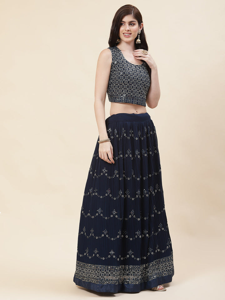 Embroidered Georgette Choli With Lehenga &amp; Dupatta
