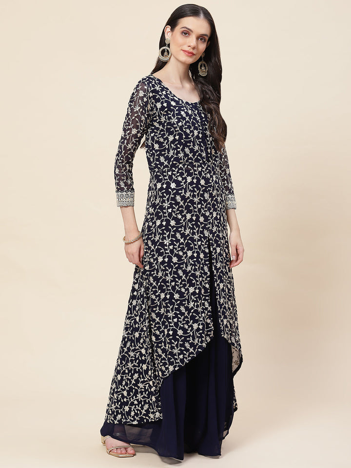 Embroidered Georgette Kurta With Palazzo &amp; Dupatta