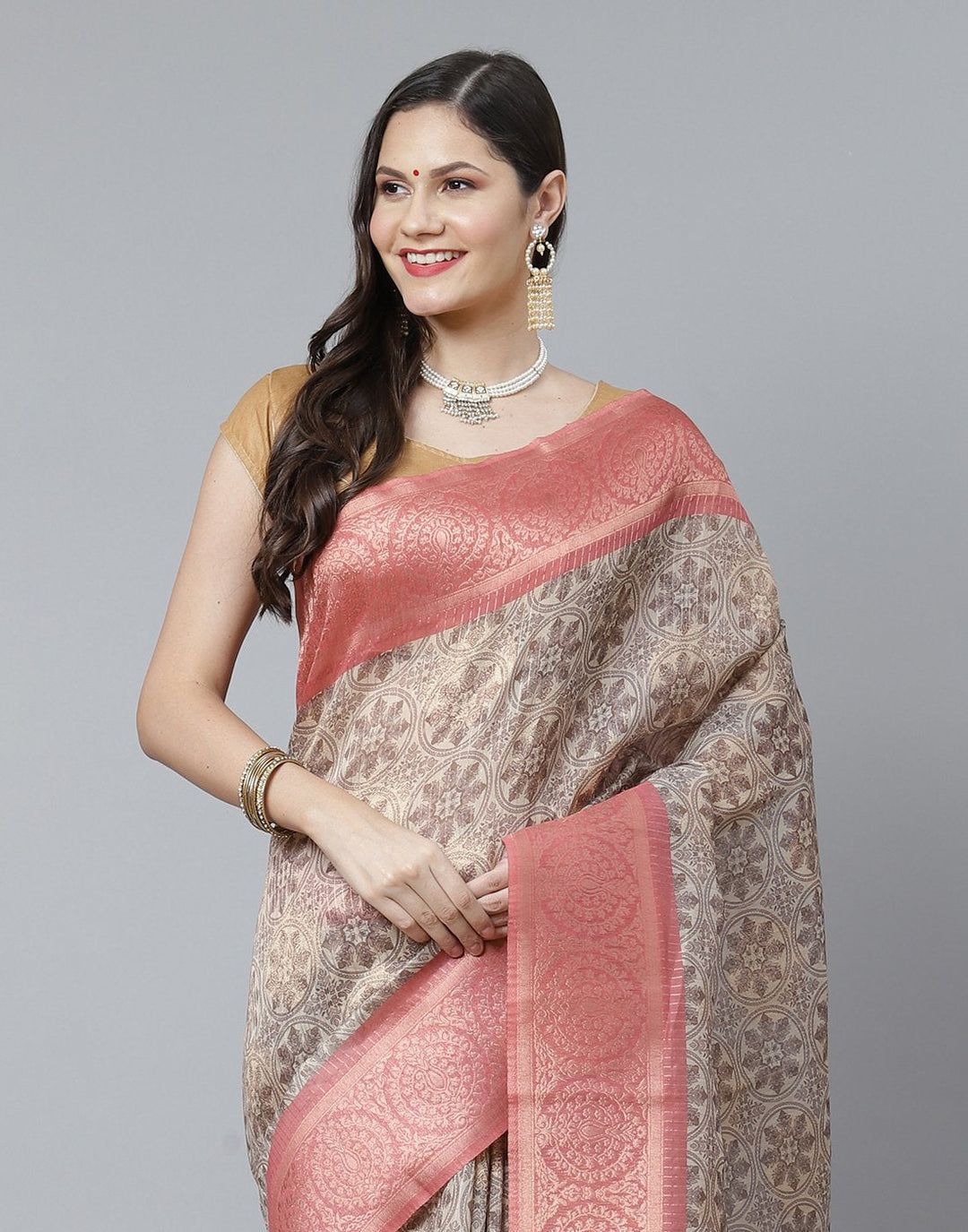Floral Print With Contrast Border Cotton Chanderi Saree