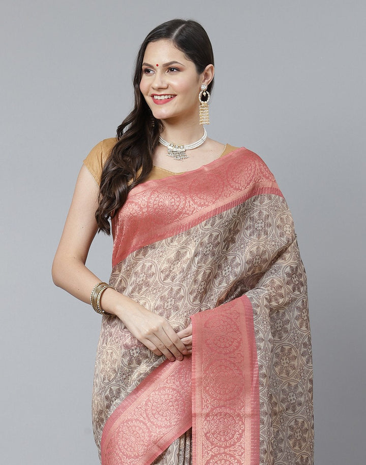 Floral Print With Contrast Border Cotton Chanderi Saree