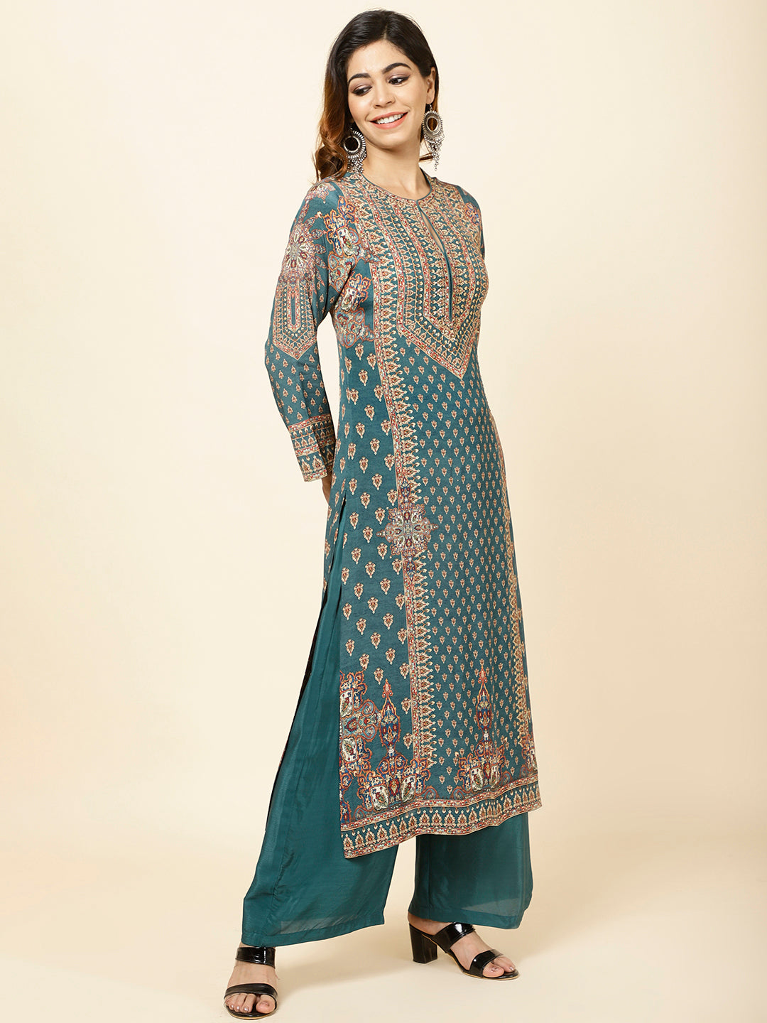 Digitally Printed Crepe Kurta With Palazzo &amp; Dupatta