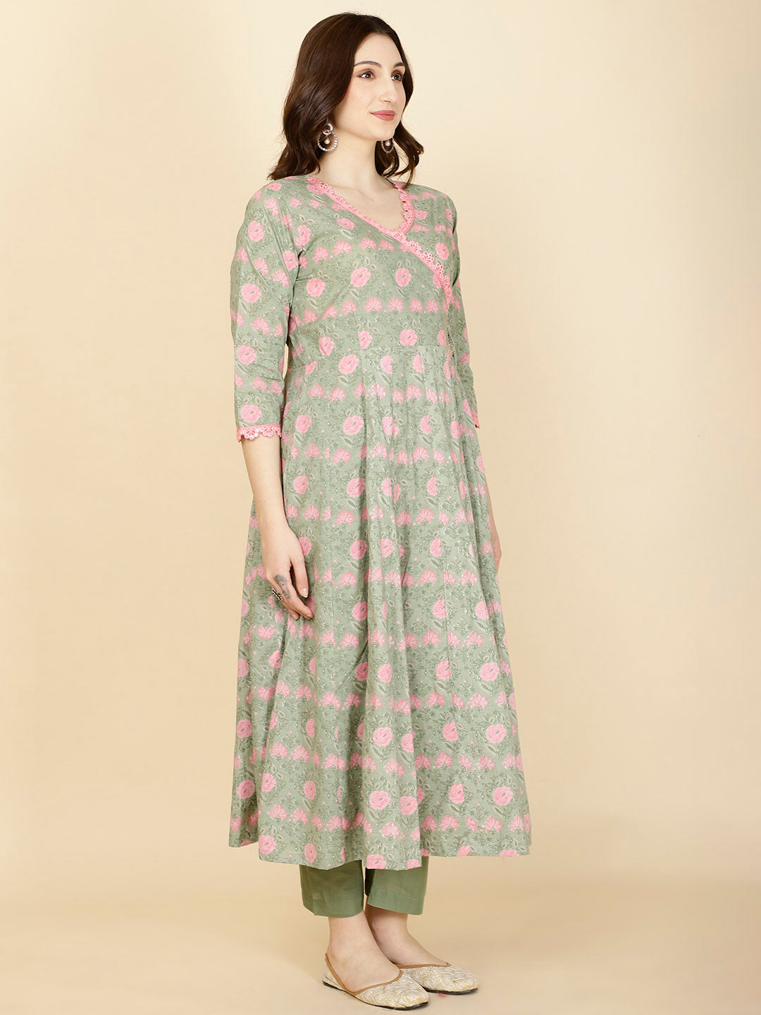 Floral Printed Cotton Anarkali Kurta With Pants