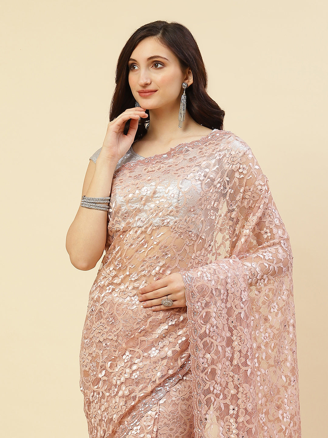 Stone Work Embroidered Lace Saree