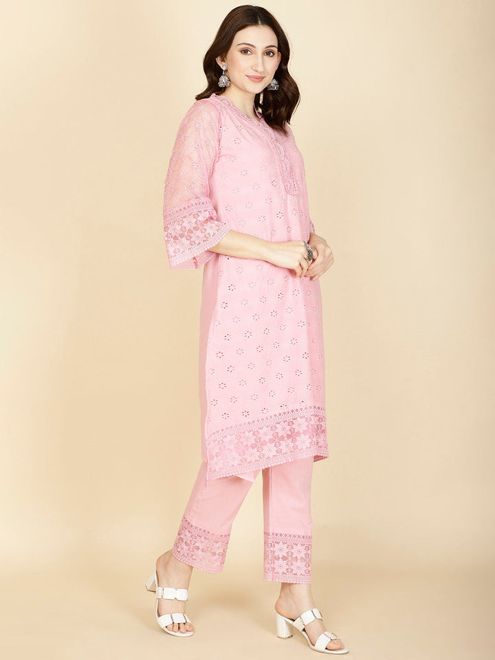Thread Embroidery Cotton Kurta With Pants