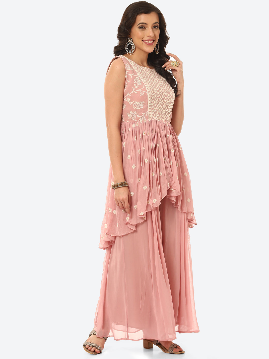 Resham Booti Embroidered Gerorgette Kurti With Palazzo &amp; Dupatta