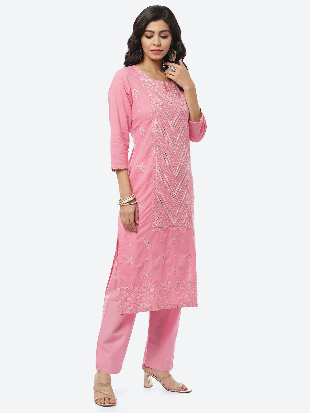 Resham Mirror Cotton Stitched Salwar Kameez With Printed Cotton Dupatta