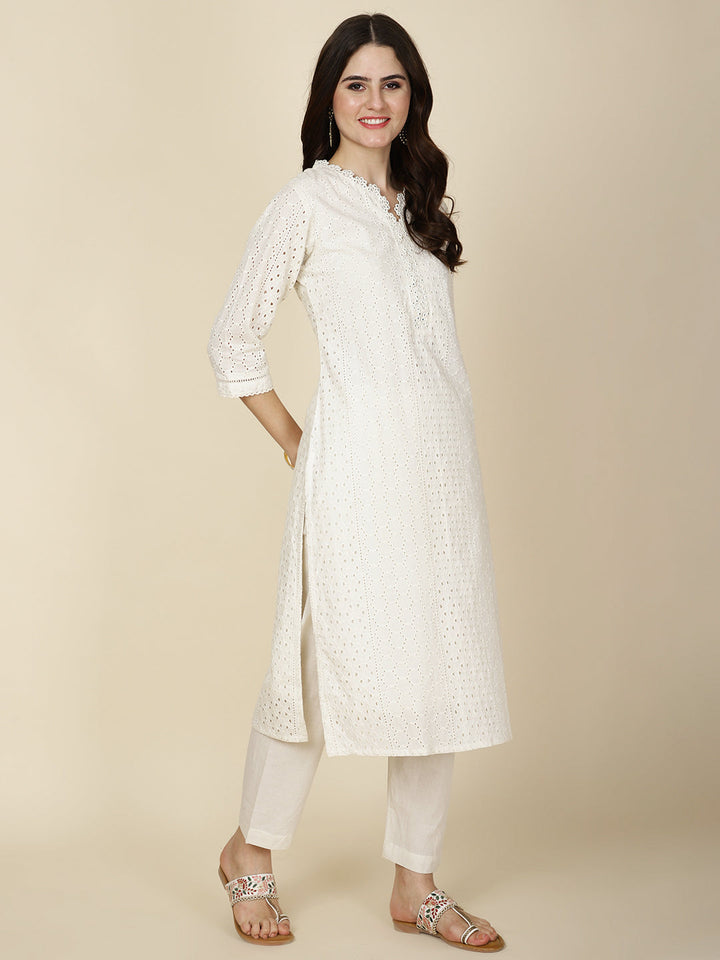 Thread Embroidery Cotton Kurta With Pants