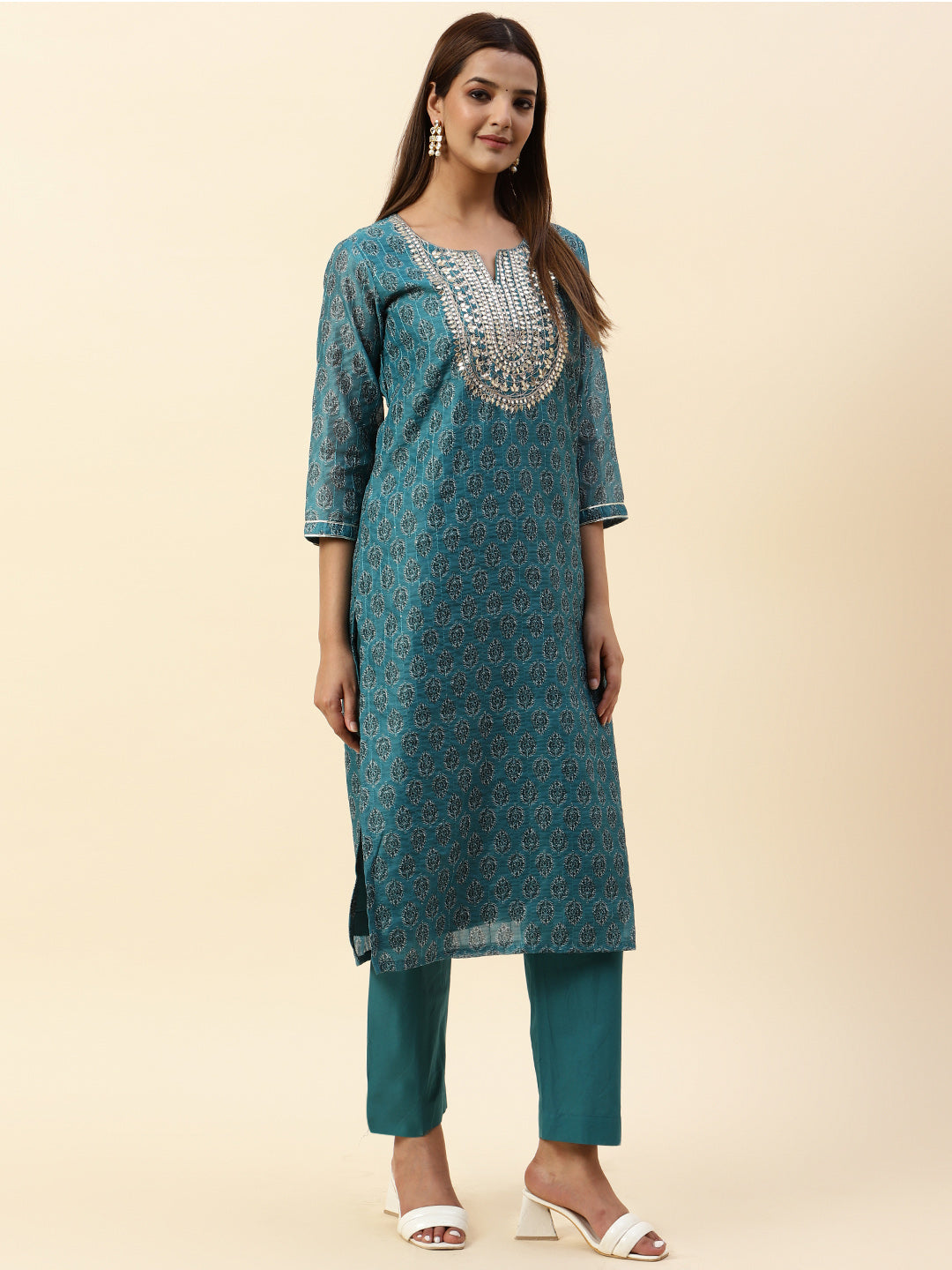 Printed &amp; Neck Embroidered Chanderi Kurta With Pants