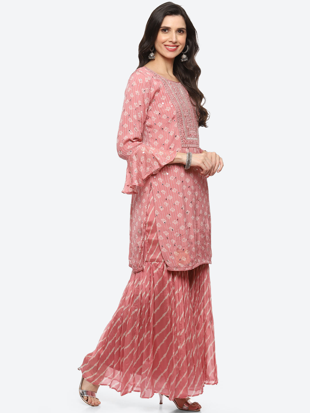 Resham Mirror Booti Crepe Kurta With Garara &amp; Silk Dupatta