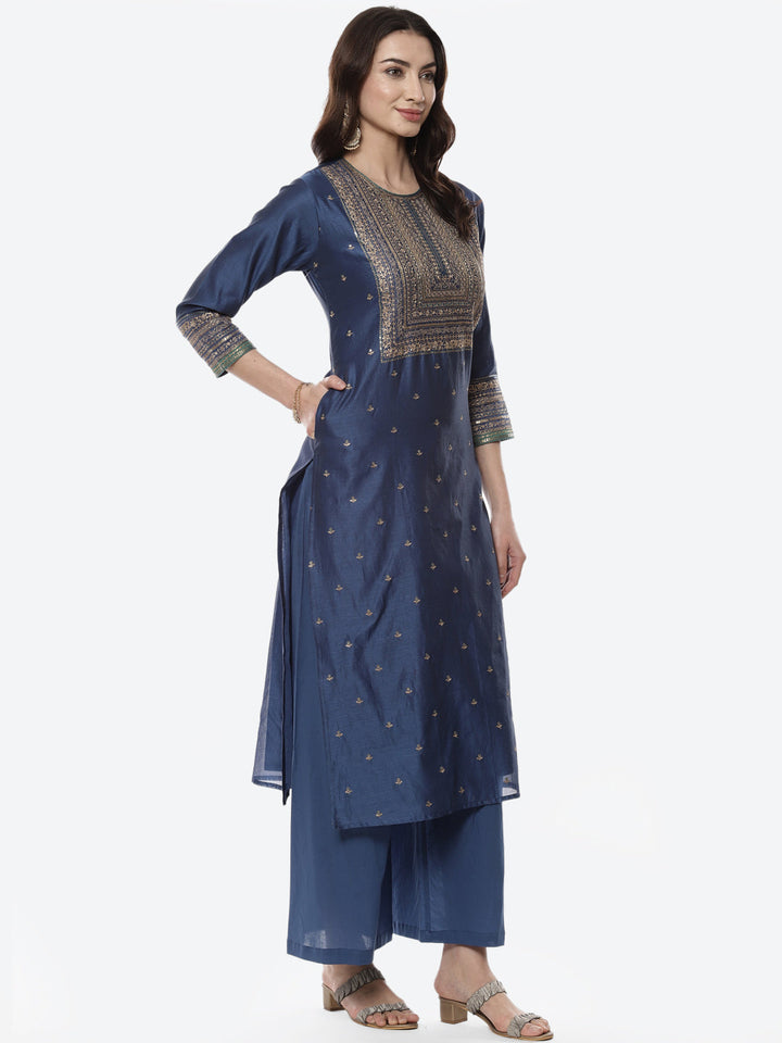 Zari Work Embroidered Chanderi Kurti With Palazzo