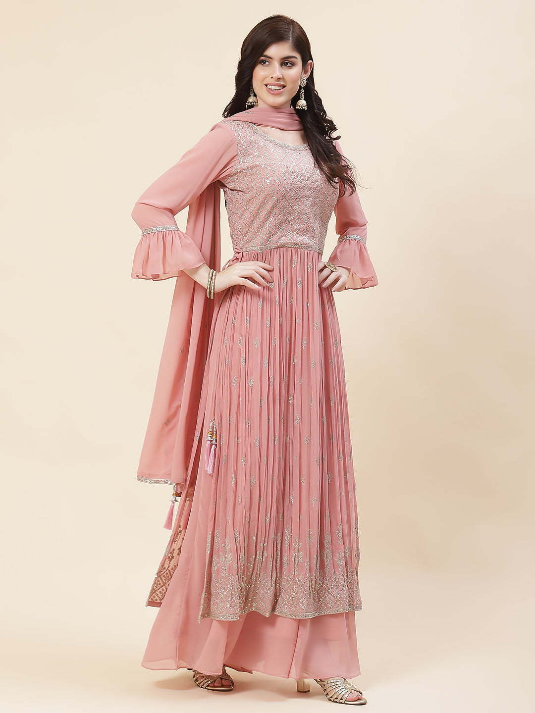 Zari Embroidered Booti Georgette Kurta With Palazzo &amp; Dupatta