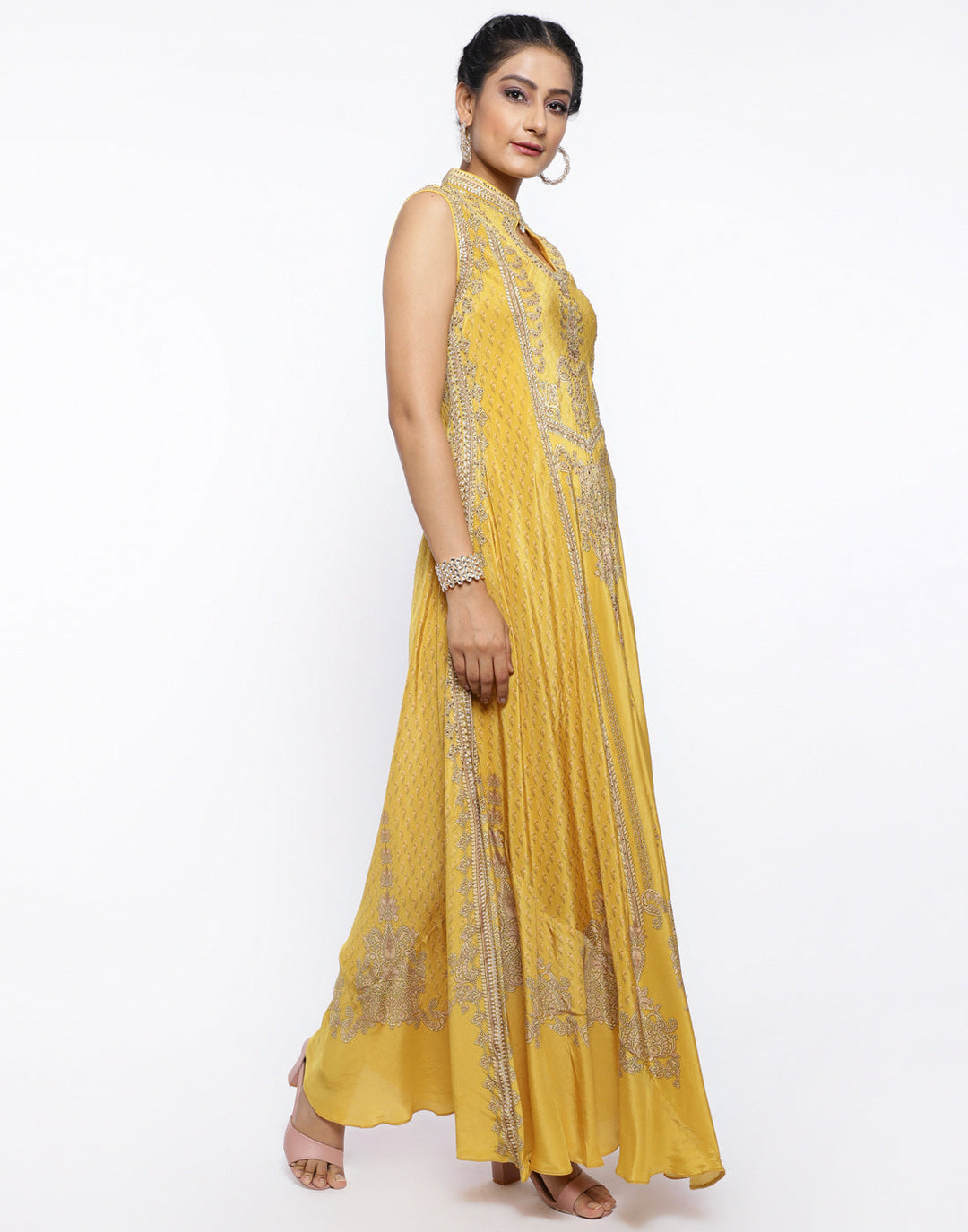 MBZ Meena Bazaar-Mustard Crepe Digital Printed Long Dress