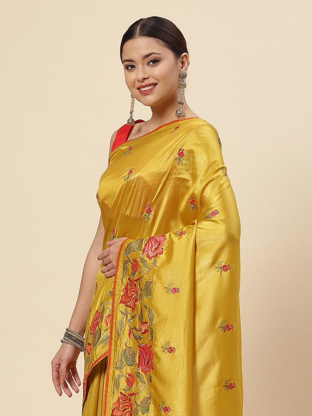 Floral Booti Embroidered Crepe Saree
