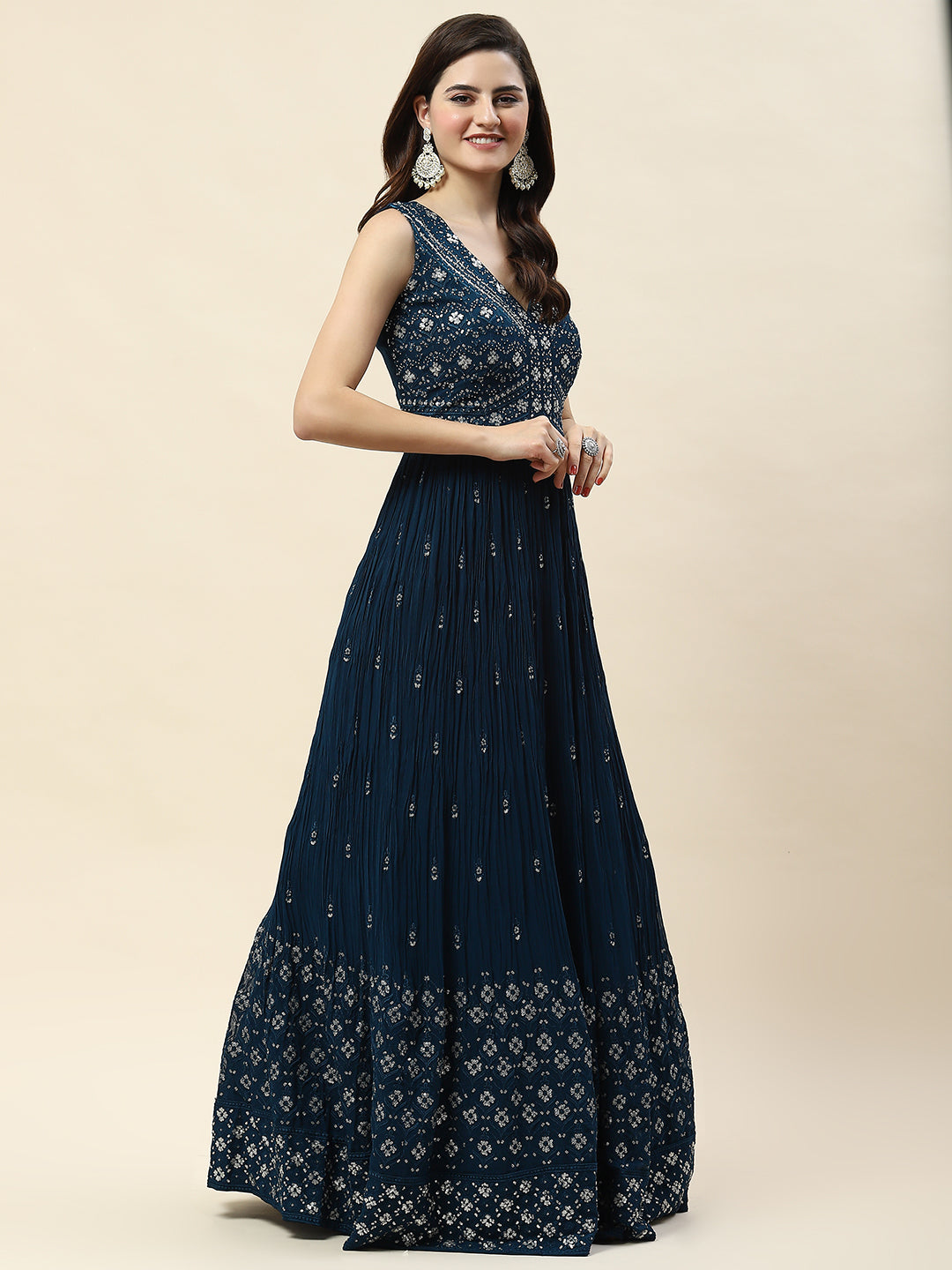 Sequin Embroidery Georgette Kurta With Palazzo &amp; Dupatta