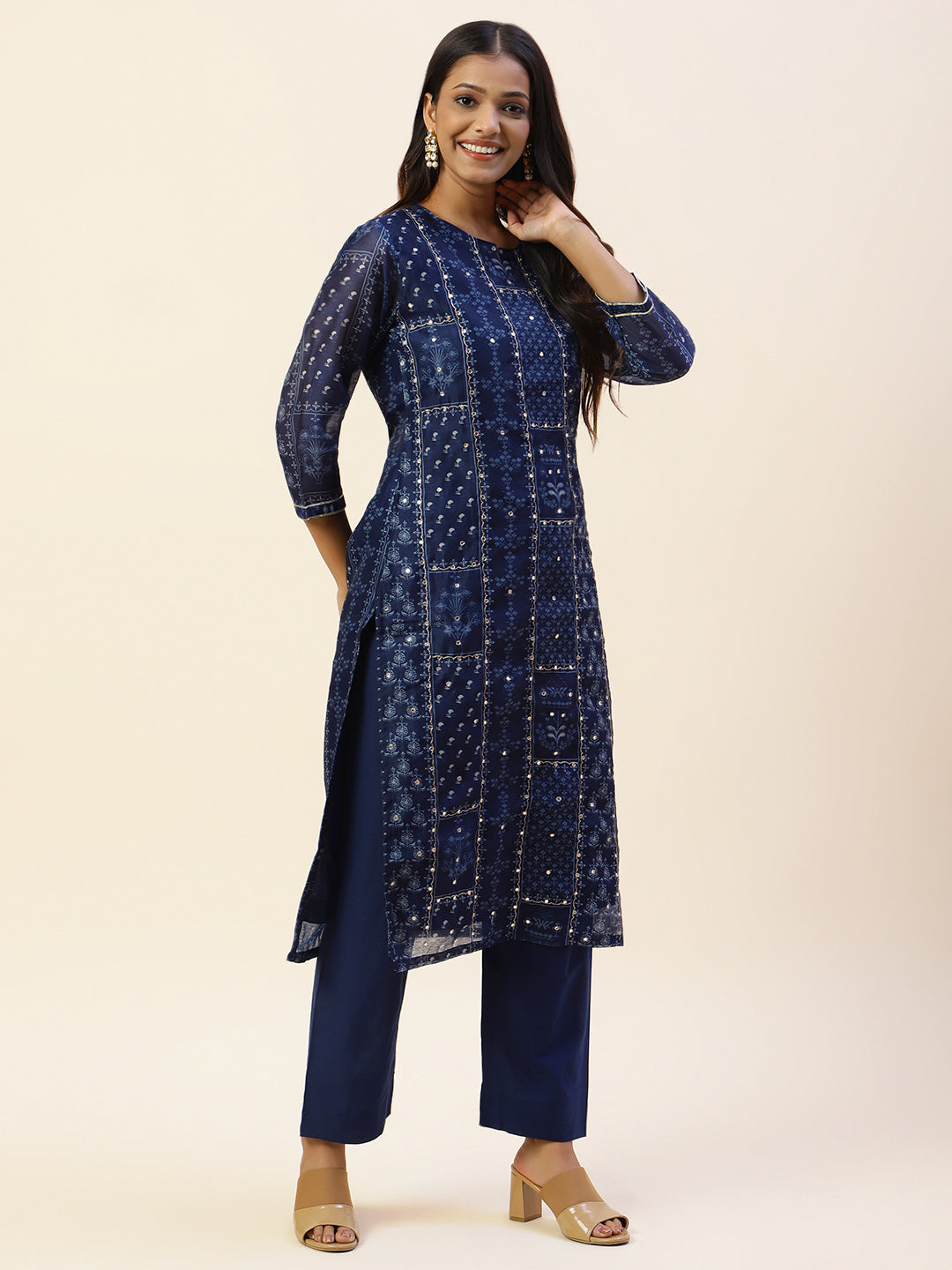 Printed Chanderi Kurta With Pants