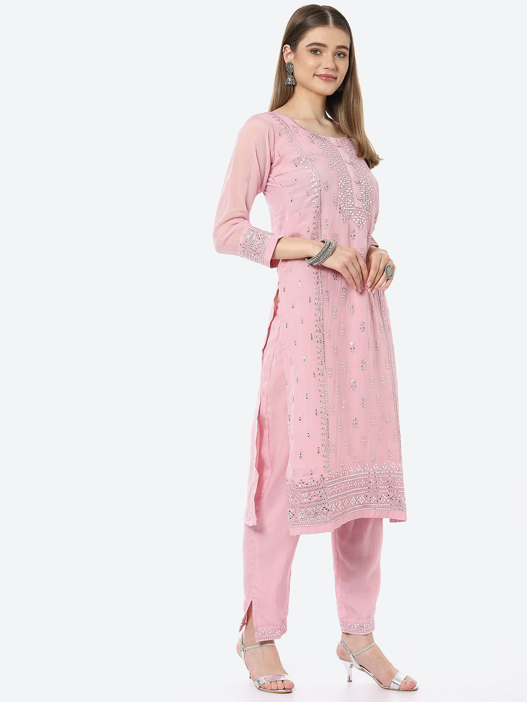 Resham Mirror Booti Organza Kurta With Pant &amp; Net Dupatta