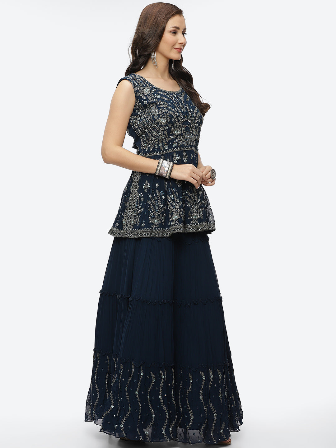 Embroidered Resham Mirror Georgette Choli With Lehenga &amp; Dupatta