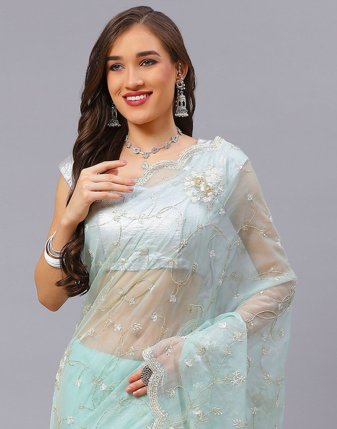 Embroidery Aqua Green and Pink Saree