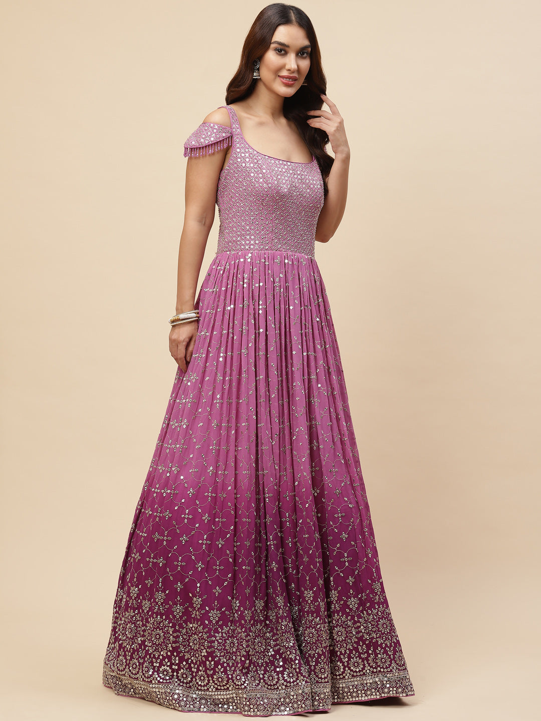 Sequin Embroidered Georgette Kurta With Churidar &amp; Dupatta