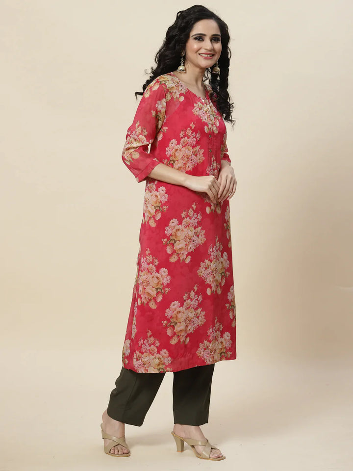 Floral Printed Organza Kurta With Palazzo &amp; Inner