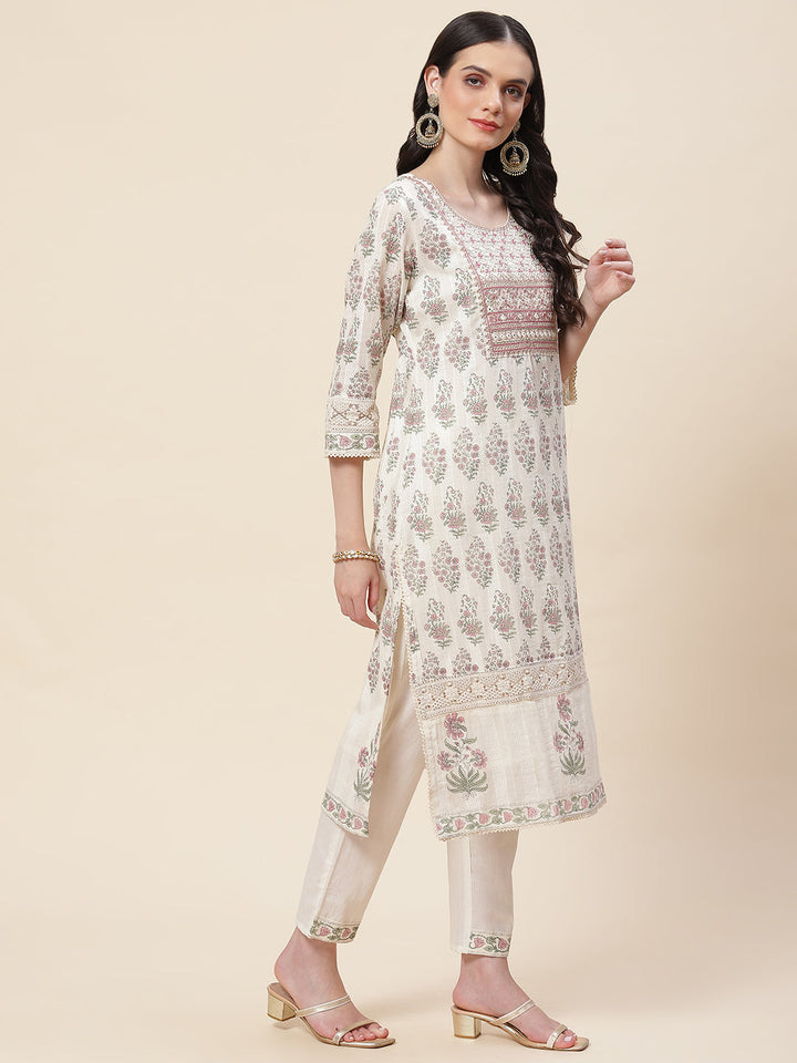 Floral Printed Cotton Kurta With Pants &amp; Dupatta