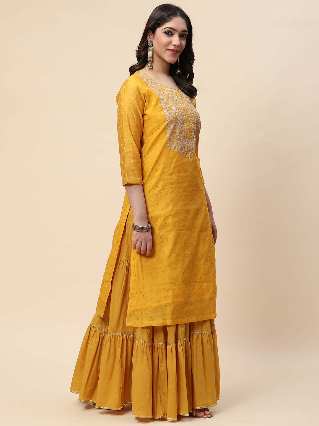 Neck Embroidered Woven Chanderi Kurta With Skirt