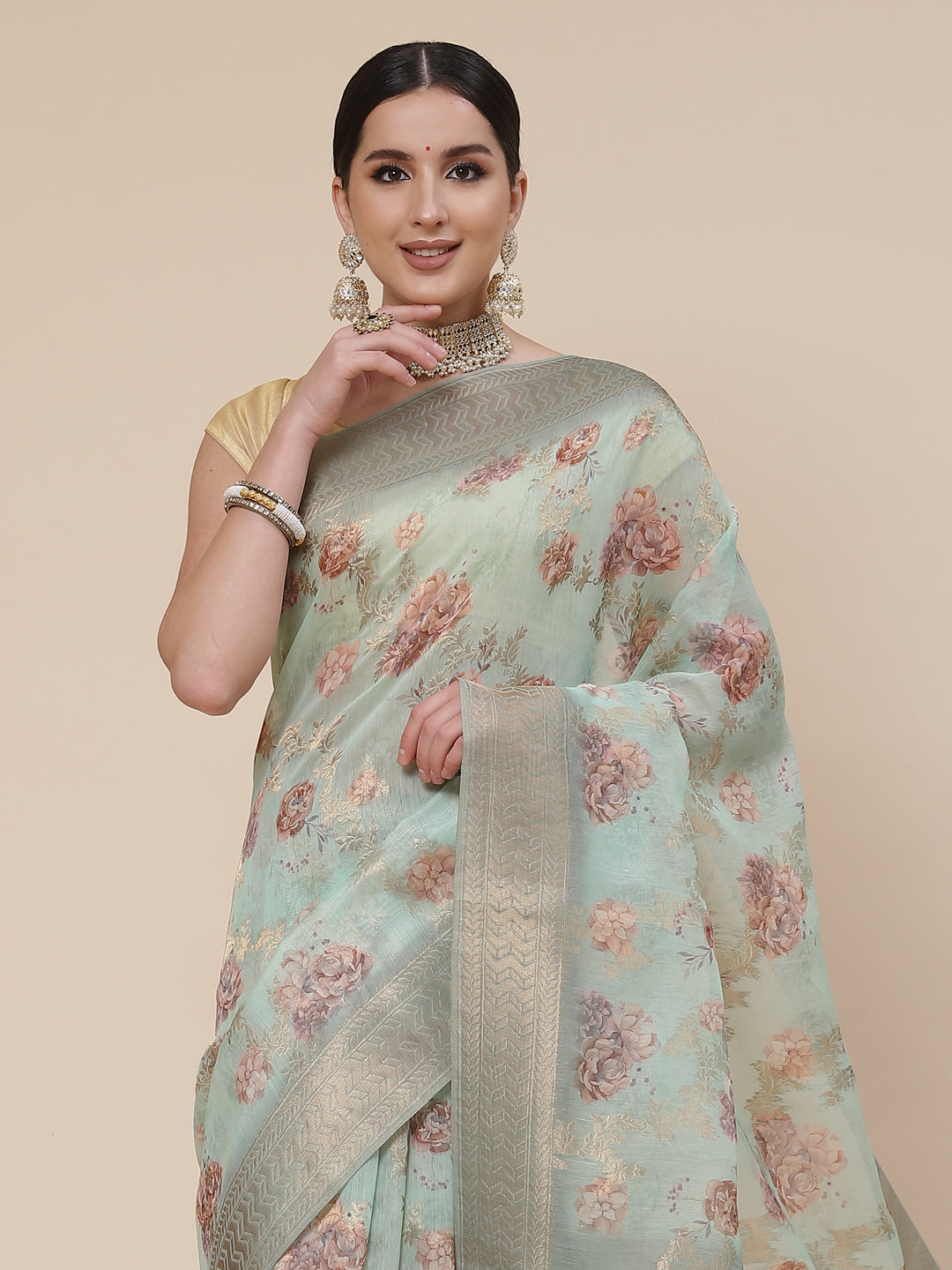 Floral Digital Printed Banarasi Pallu Cotton Saree