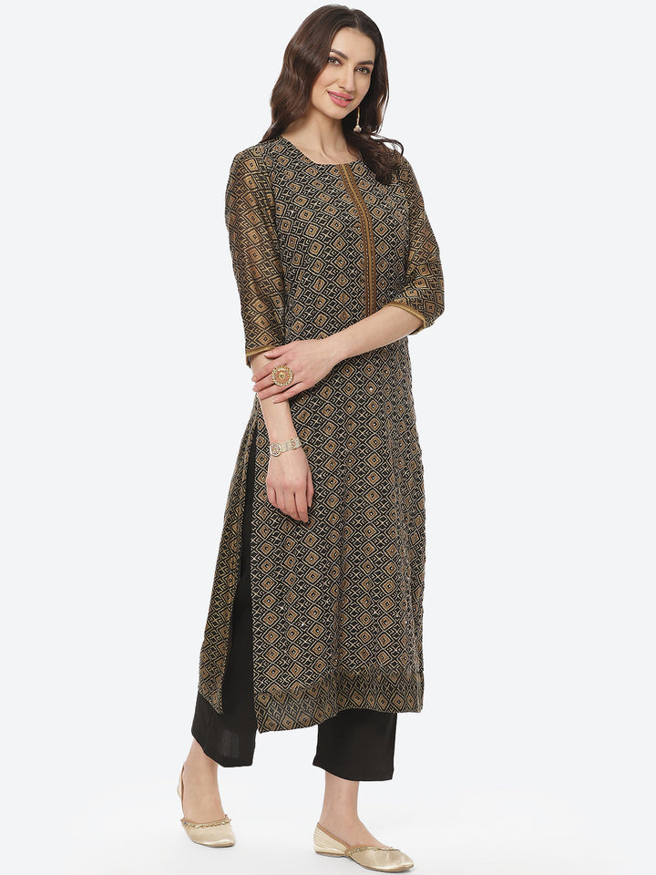 Printed Kantha Work Chanderi Kurti With Pant