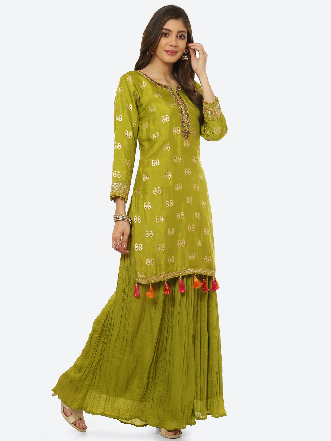 Zari Booti Neck Zari Embroidered Handloom Kurta With Garara &amp; Dupatta