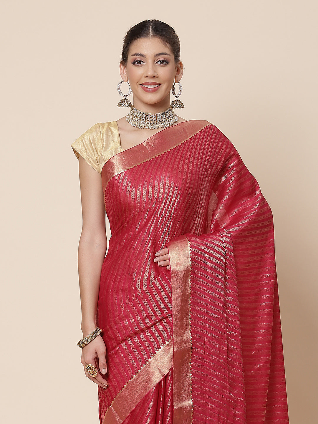 Striped Brocade Georgette Plain Saree