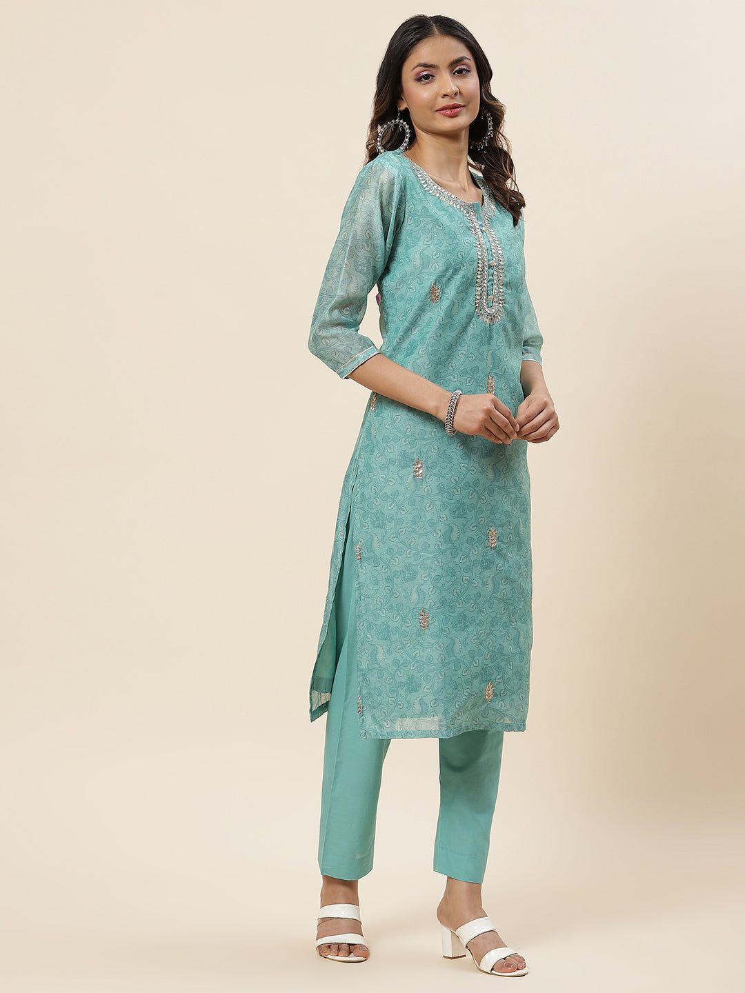 Printed &amp; Neck Embroidered Chanderi Kurta With Pants