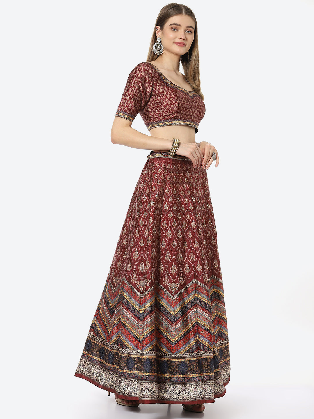 Floral Digital Printed Tussar Silk Choli With Lehenga &amp; Net Dupatta