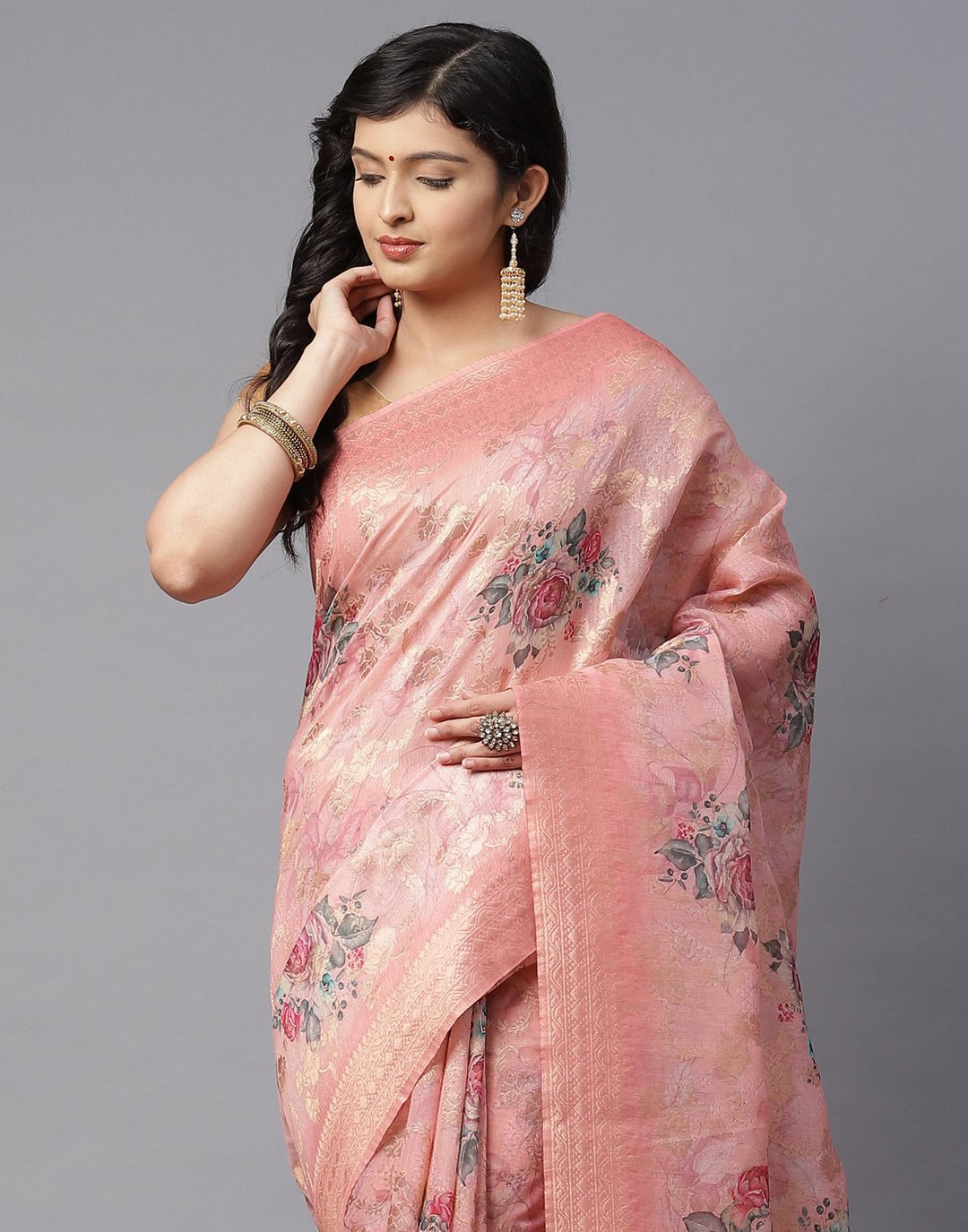 Floral Print Cotton Linen Saree