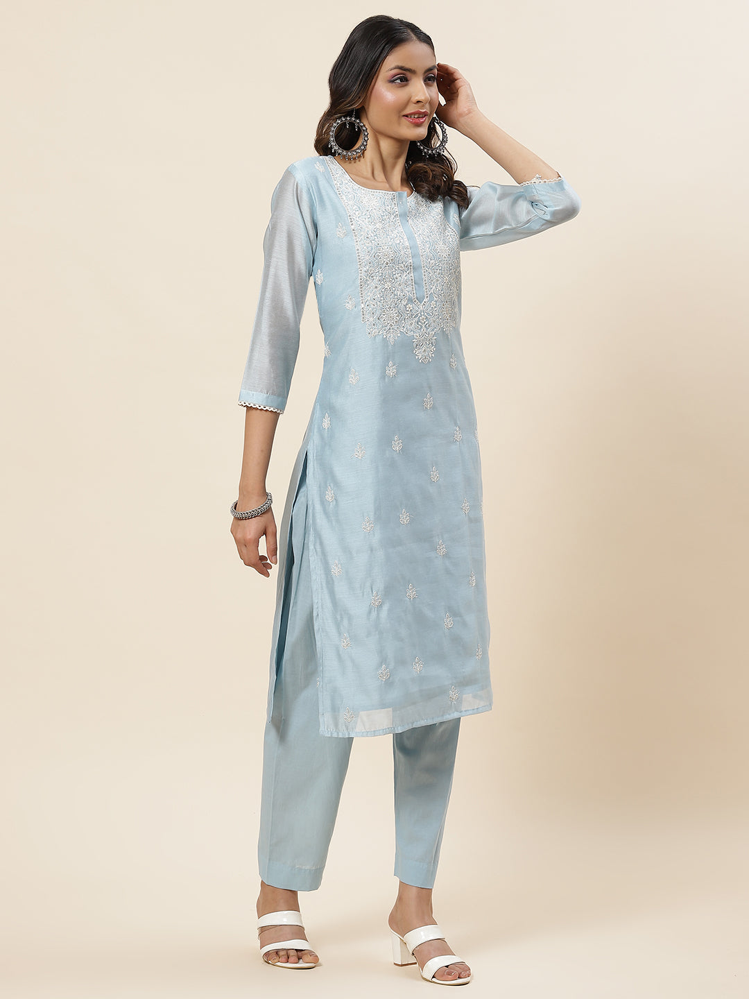 Embroidered Chanderi Kurta With Pants