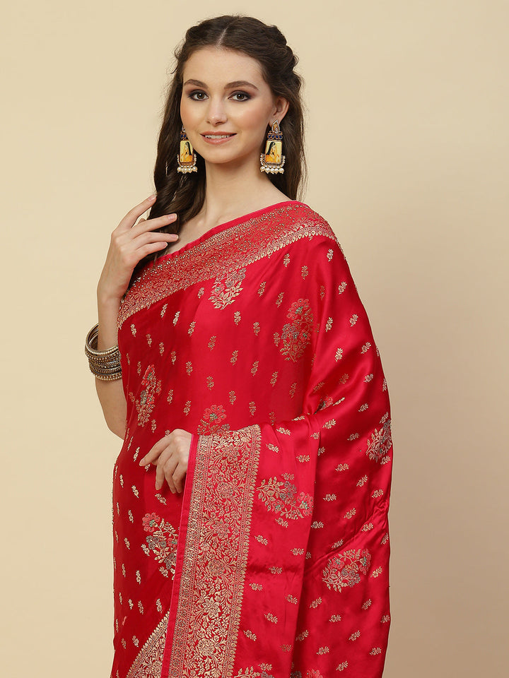 Zari Border Booti Satin Woven Saree