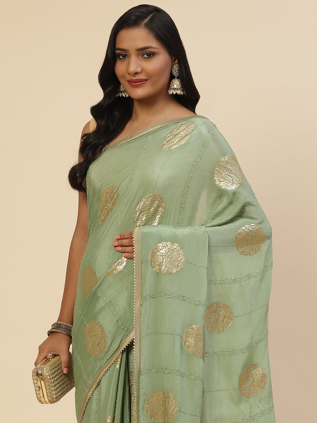 Zari Booti Crepe Plain Saree