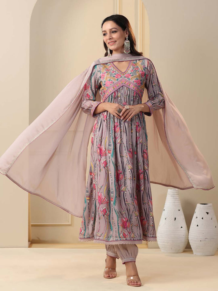 Printed Cotton Kurta With Pants &amp; Dupatta