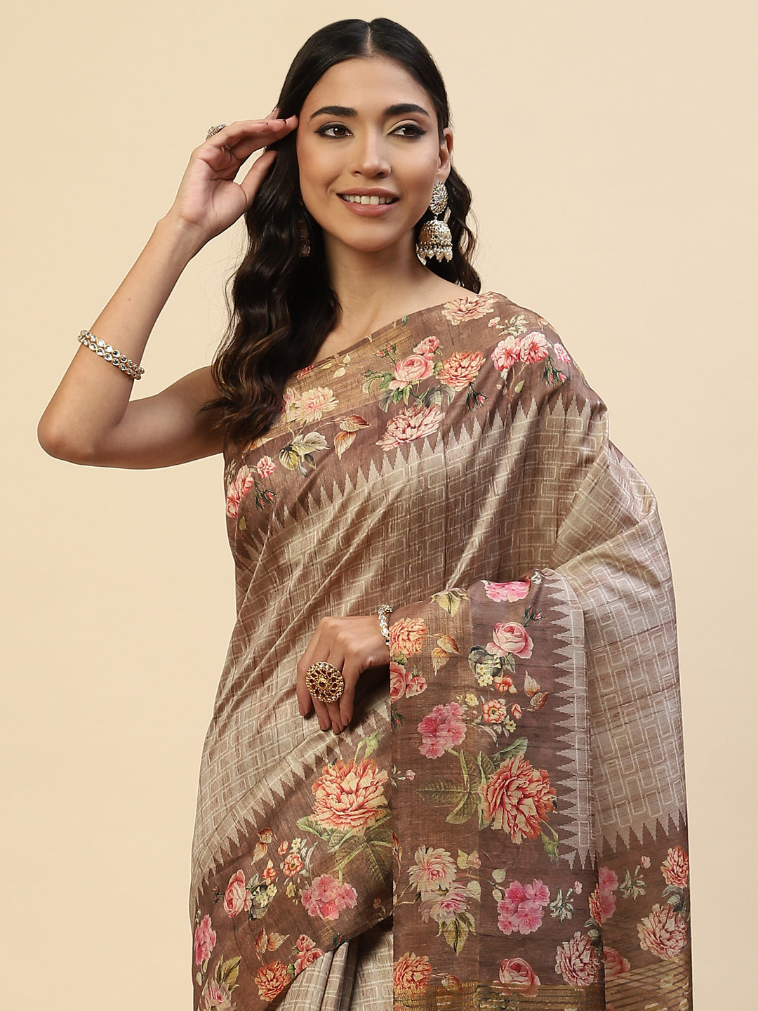 Digital Floral Zari Border Tussar Saree