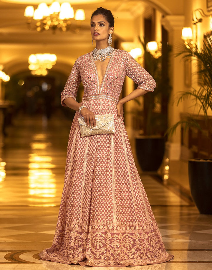 Mirror Work Embroidered Georgette Anarkali Salwar Kameez Stitched Suit