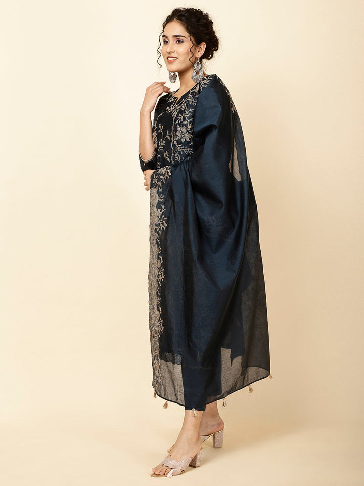 Embroidered Cotton Kurta With Pants &amp; Dupatta