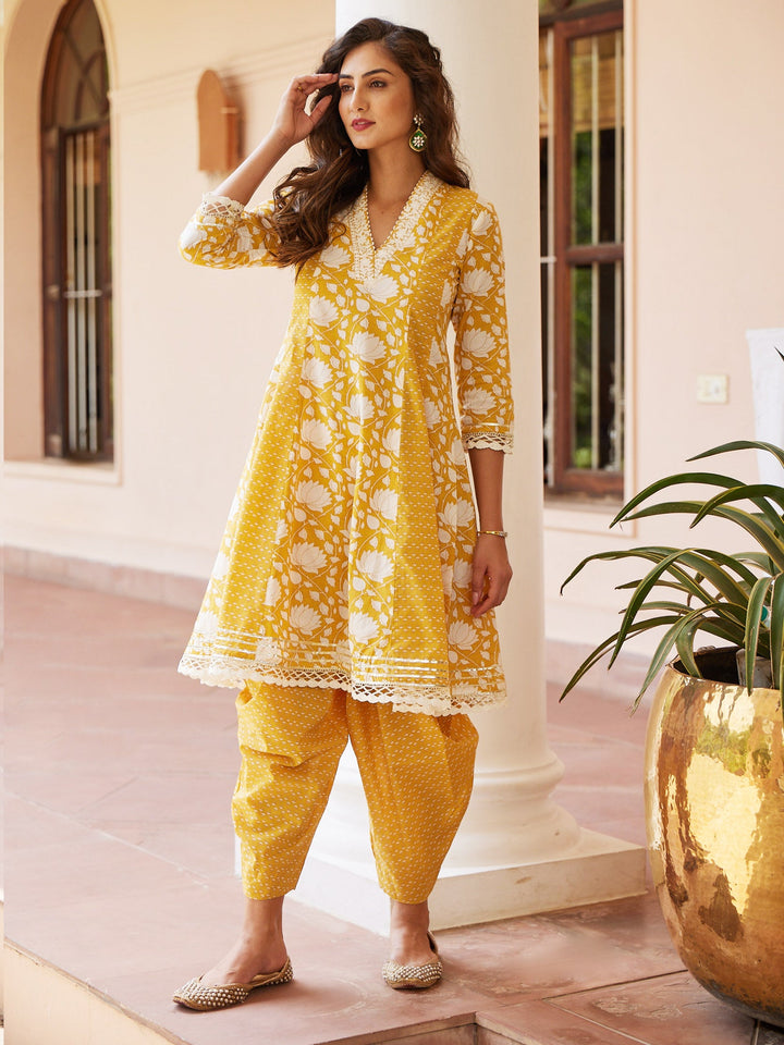 Floral Resham Printed Cotton Kurti With Dhoti