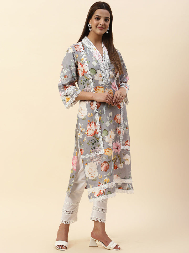 Floral Printed Cotton Kurta With Pants