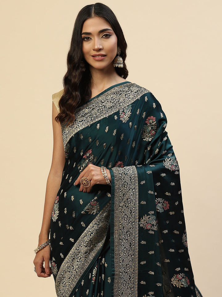 Zari Border Booti Satin Woven Saree
