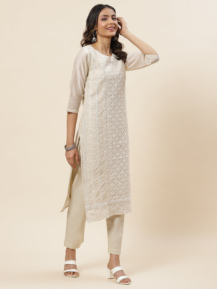 Embroidered Chanderi Kurta With Pants