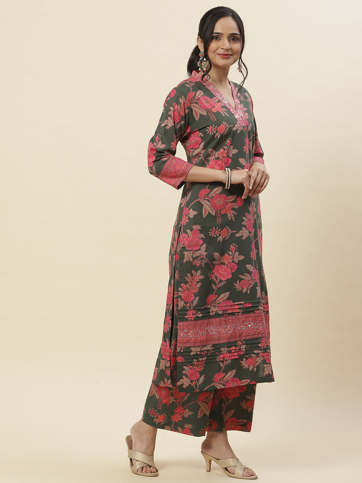 Floral Printed Cotton Kurta With Pants