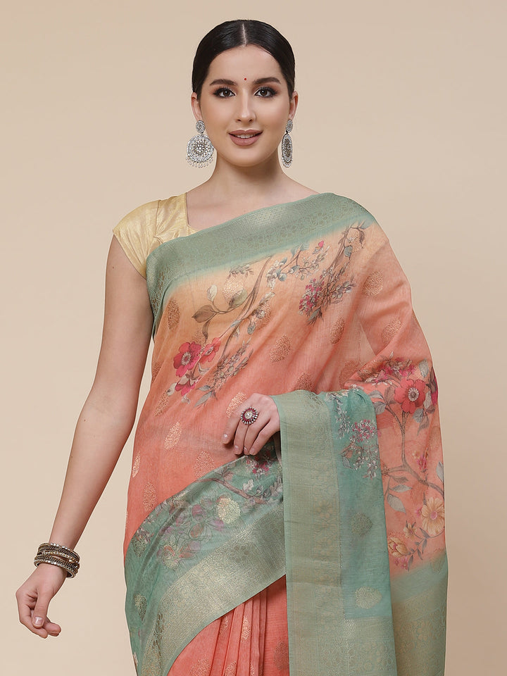 Floral Digital Printed Banarasi Jaal Cotton Saree